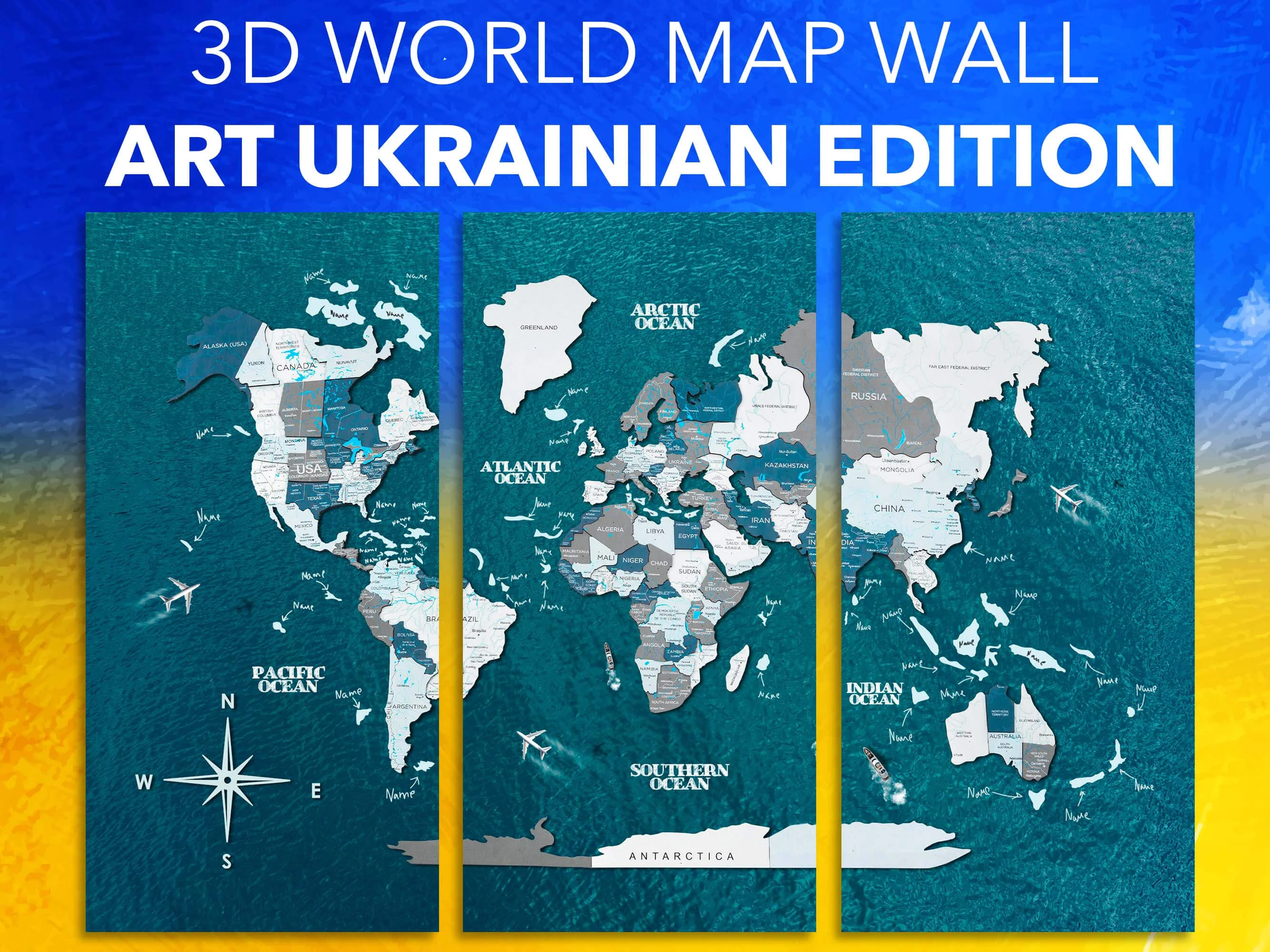 3D World Map Wall Art Ukrainian Edition